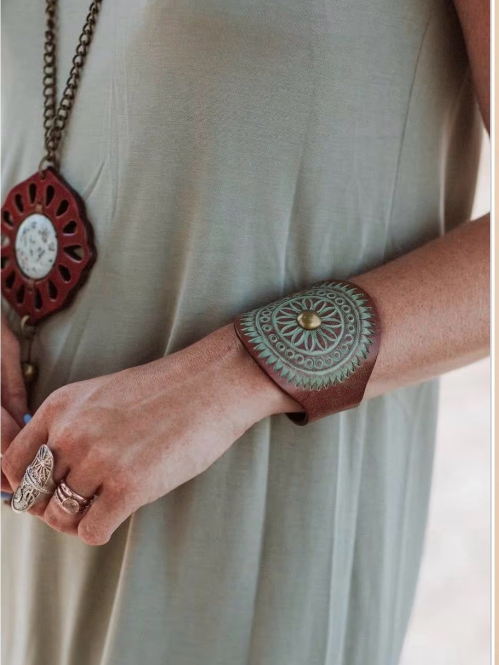Three Bird Nest Brown Leather Cuff with Mint Green Medallion